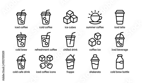 Variety of refreshing coffee icons including iced and summer coffee, cold brew, and frappe