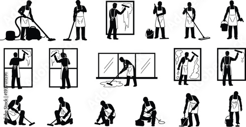 Black and white vector illustration of janitors, cleaning staff silhouettes, vacuuming, mopping, scrubbing floors, washing windows, professional cleaning service, maintenance artwork
