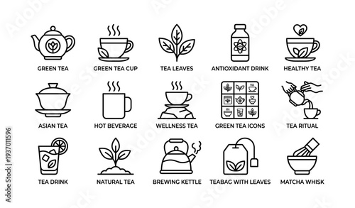 Illustrated icons of green tea and brewing elements in minimalist style