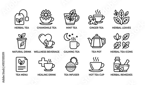 Herbal tea icons set: chamomile, mint, ginger, natural remedies and wellness symbols