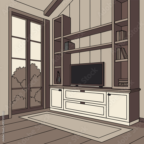 living room interior with a wooden TV cabinet and flat screen TV on top