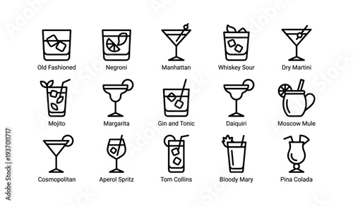 Outline icons of classic cocktails: old fashioned, manhattan, margarita, daiquiri