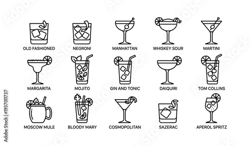 Icons of popular cocktails with names and glass types