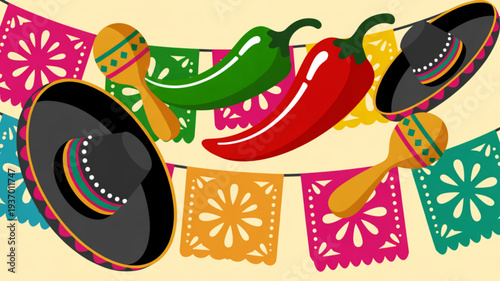 Vibrant mexican fiesta elements with sombreros chili peppers and colorful papel picado banners on beige background