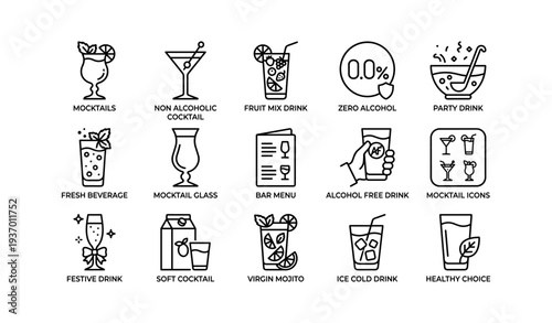 Non-alcoholic drink icons: mocktails, cocktails, and bar menu illustrations