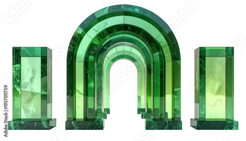 Gemstone archway with three columns in shades of green on a black background