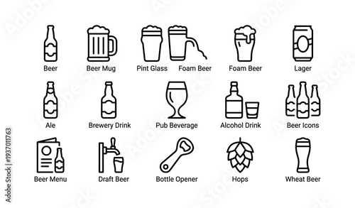 Beer icon set featuring various glasses and bottles