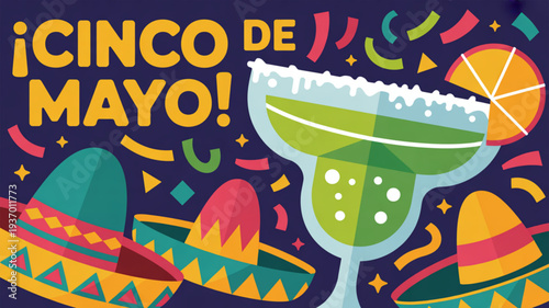 Vibrant cinco de mayo celebration with margaritas and sombreros at night
