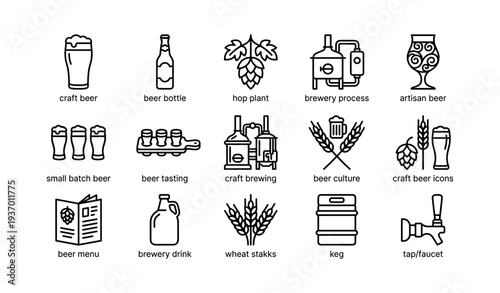 Beer brewing icons collection featuring hops, bottles, and kegs