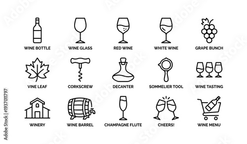 Wine icons collection featuring glasses, bottles, corkscrew, and more