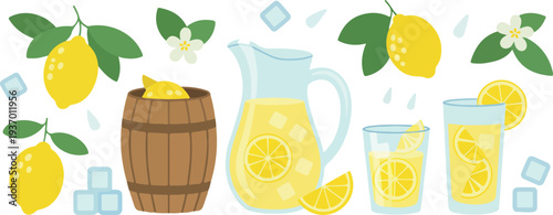 Lemonade beverage vector collection featuring lemons citrus slices mint leaves ice cubes and glasses for summer drink design
