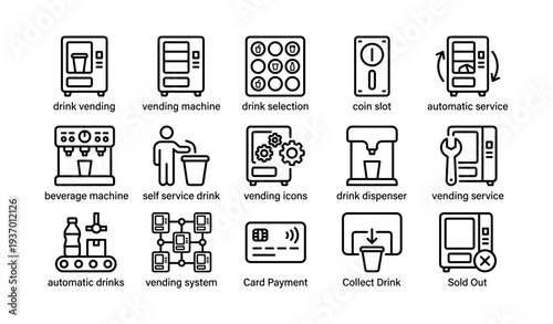 Vending machine icons: beverage, selection, payment, automatic service symbols