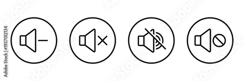 Mute speaker icon set. Audio off sign. Speaker mute symbol. Volume off icon. No sound volume control icon for graphic design