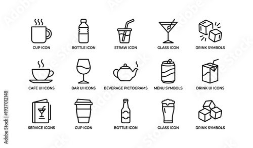 Beverage and drink icon set featuring mixed refreshment symbols