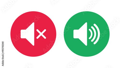 Silent icon. Ring and Loudspeaker icon set in green and red color. Sound and silent speaker icon set. Mute and loudspeaker icons.