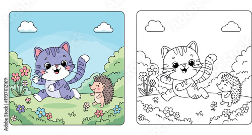 Cute purple cartoon cat running and playing with a hedgehog friend in a green spring garden vector