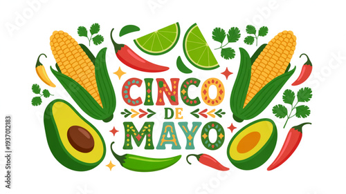 Vibrant cinco de mayo celebration graphic with fresh food and spices on white background