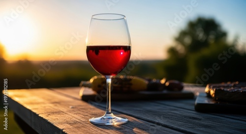 Delicious robust red wine served outdoors on a rustic picnic table perfect for enjoying grilled barbecue food during a summer evening gathering, steak, enjoyment, picnic