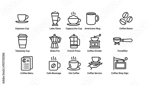 Coffee icon set: espresso, latte, cappuccino, moka, grinder