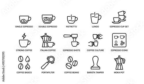 Coffee icons set: espresso, moka pot, portafilter, barista tamper, coffee beans