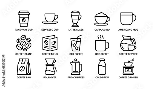 Coffee icon set: takeaway, espresso, latte, cappuccino, americano