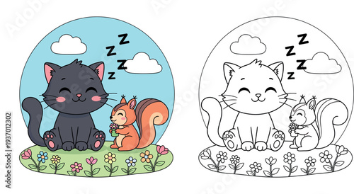 Cute cartoon black cat sleeping with squirrel friend holding a flower in spring garden nature vector illustration