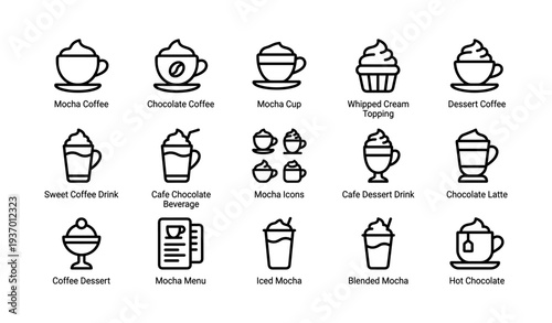 Mocha and dessert coffee icon set with whipped cream and latte symbols