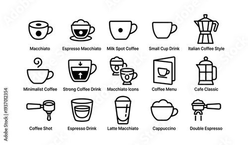 Minimalist coffee icon set featuring various espresso and cappuccino styles