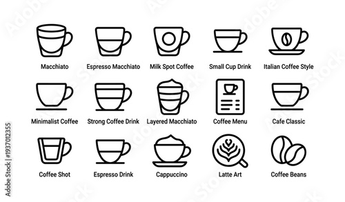 Minimalist coffee icons collection: espresso, macchiato, cappuccino, and more