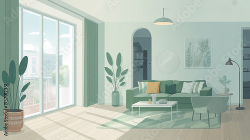 Modern living room with green sofa large window plants and minimalist decor interior design concept with soft lighting