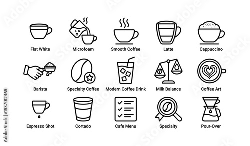 Coffee icons set: flat white, latte, cappuccino, and more