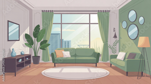 Modern living room with green sofas city view and decorative mirrors on the wall interior design concept