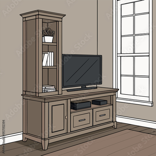 living room interior with a wooden TV cabinet and flat screen TV on top