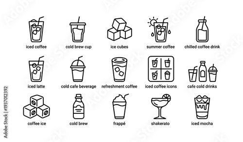 Various coffee beverage icons including iced coffee, cold brew, and shakerato