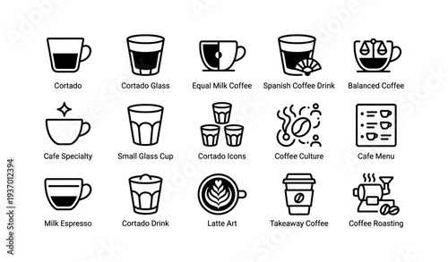 Coffee icon set featuring cortado, latte art, and cafe culture elements