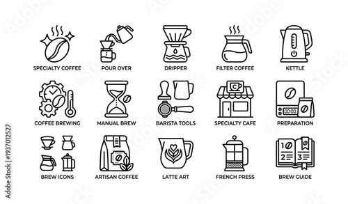 Specialty coffee icons: brewing methods and tools for gourmet preparation