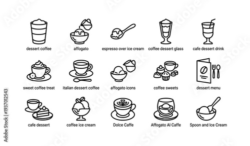 Assorted icons of coffee and desserts including affogato and ice cream variations