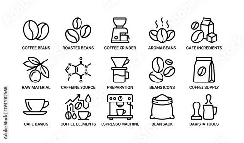Coffee brewing icons: beans, grinder, espresso machine, cafe ingredients
