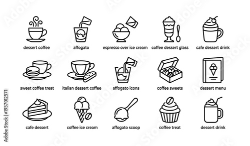 Dessert and coffee icons featuring affogato, ice cream, and sweet treats