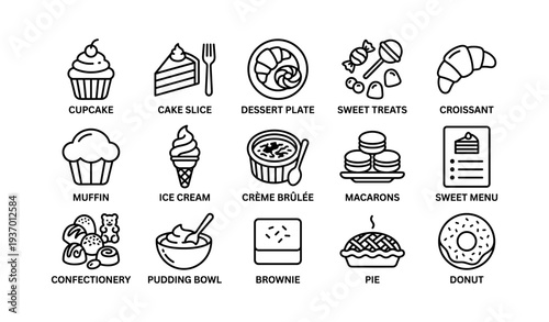 Dessert icon collection: cupcake, cake slice, and sweet treats