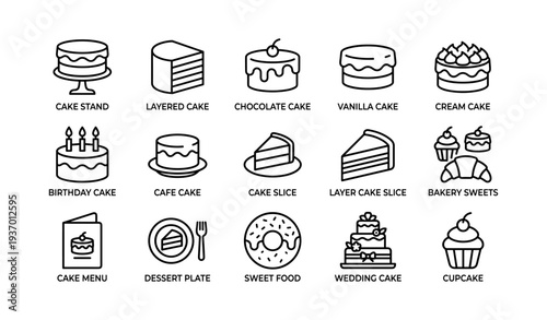 Assorted cake and dessert icons in black and white outline style