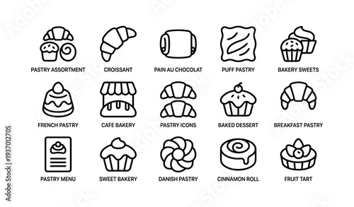 Assorted pastry icons featuring croissant, danish, and bakery treats