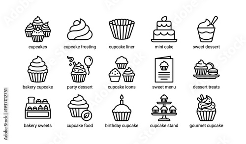 Cupcake and dessert icon set featuring various sweets and treats