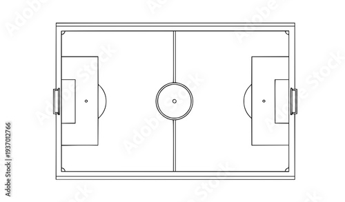 Soccer football field top view blueprint with pitch markings and goals linear outline vector diagram