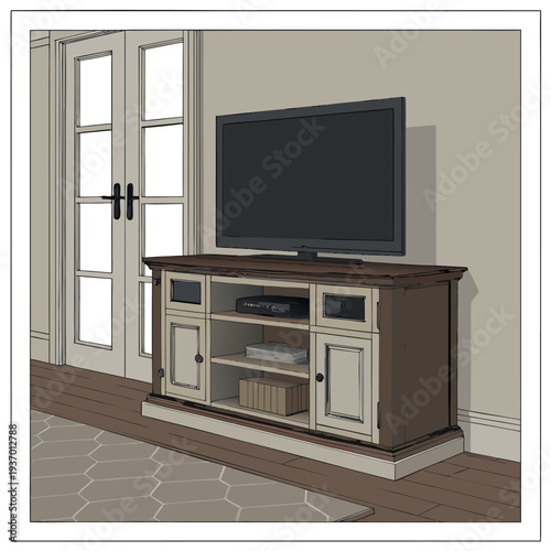 living room interior with a wooden TV cabinet and flat screen TV on top