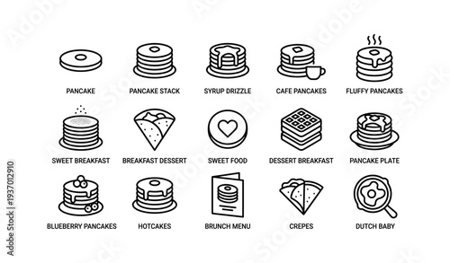 Pancake icon set: breakfast, crepes, desserts, sweet food, brunch