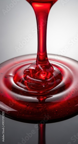 Intense, vibrant red grenadine syrup flowing slowly, capturing the glossy, thick texture and the promise of a delicious sweet flavor additive for beverages, ruby, flavoringagent, refreshing