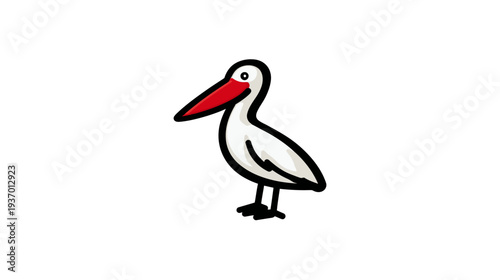 A cartoon-style illustration of a white bird with a red beak and black outline