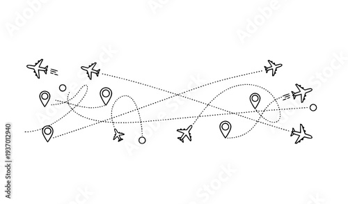 Aircraft Dotted Path Travel Icons with Directional Flight Routes and Map Pins Vector Set