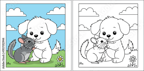 Cute white cartoon puppy dog hugging gray chinchilla friend in green garden nature vector illustration